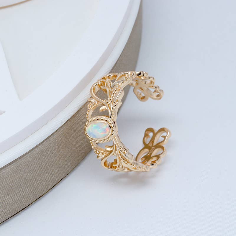S925 Silver Plated 14K Gold Vintage Vine Opal Gemstone Ring