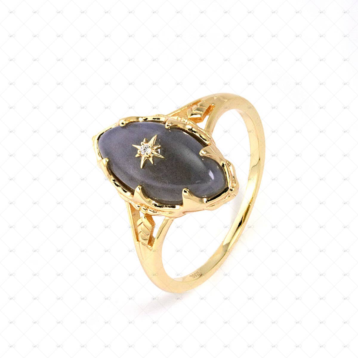 S925 Silver 14k Gold Plated Star Gray Oval Labradorite Ring: 6 N1/2