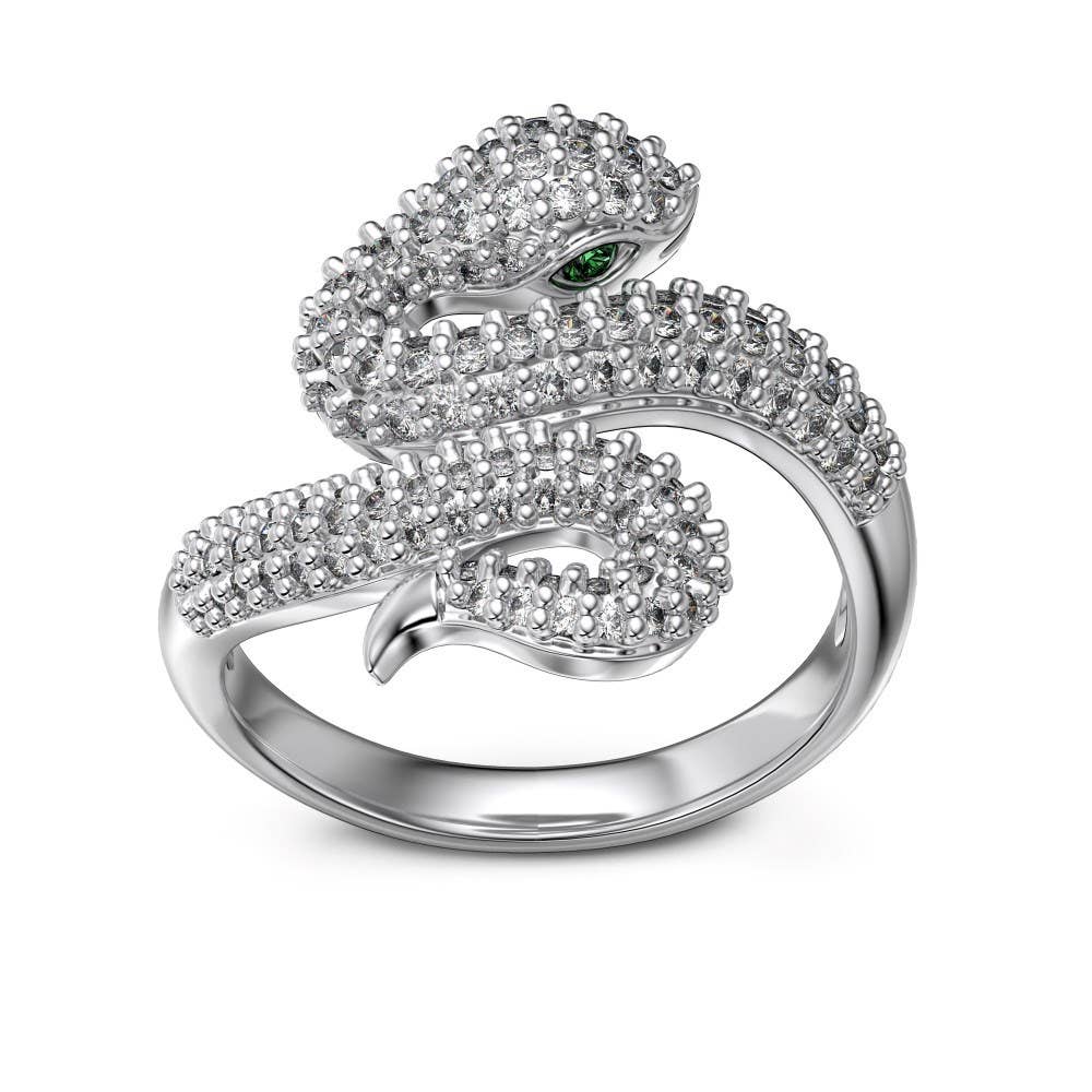 S925 Sterling Silver Snake Green Eye Zircon Ring: Size L 1/2
