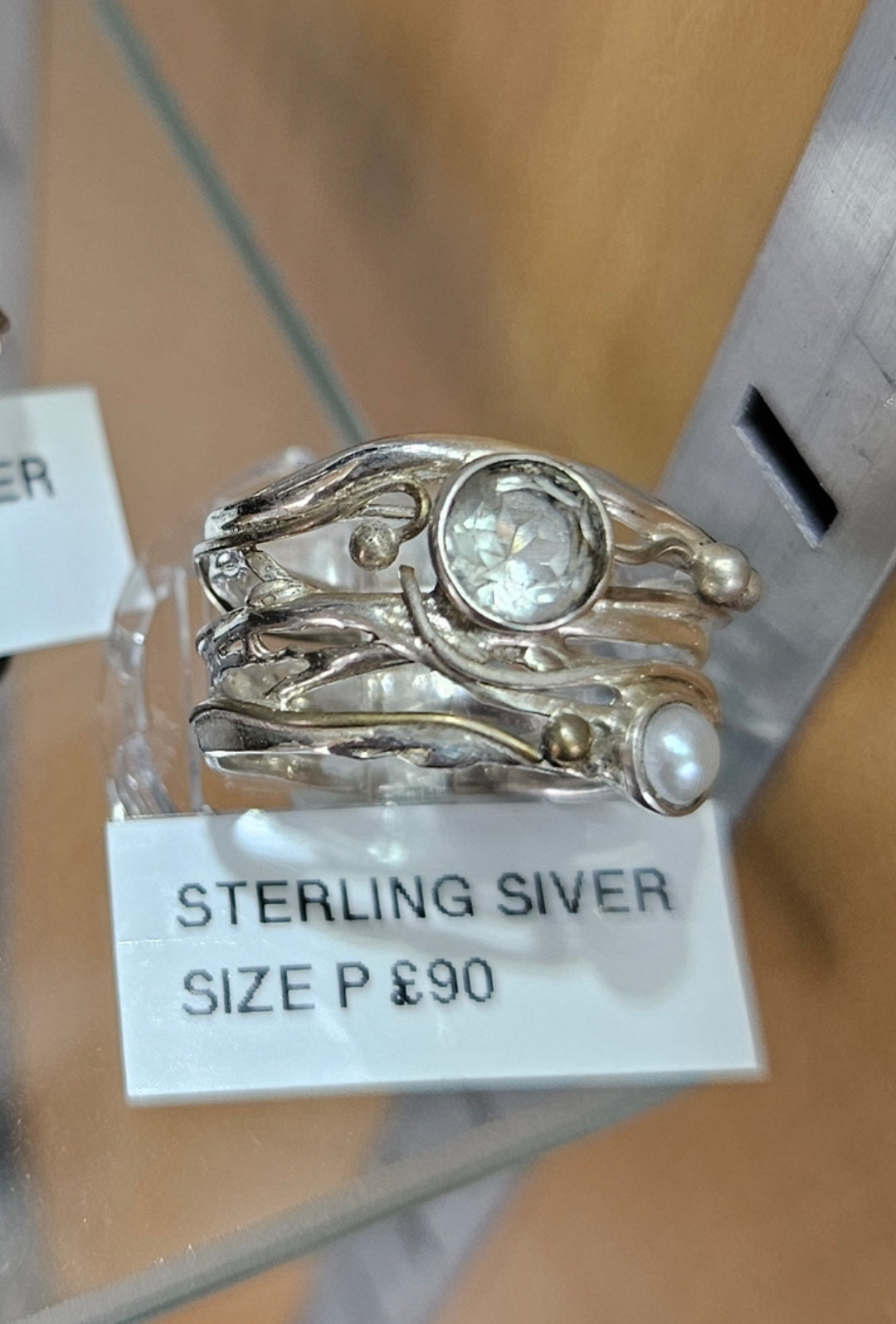 Banyan sterling silver and 14ct gold pearl and green amethyst ring. Size P
