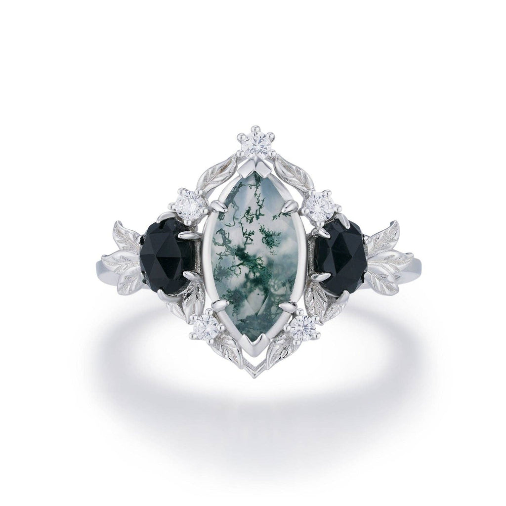 Noctis Moss Agate Black Onyx Ring©: White Gold Vermeil size T1/2