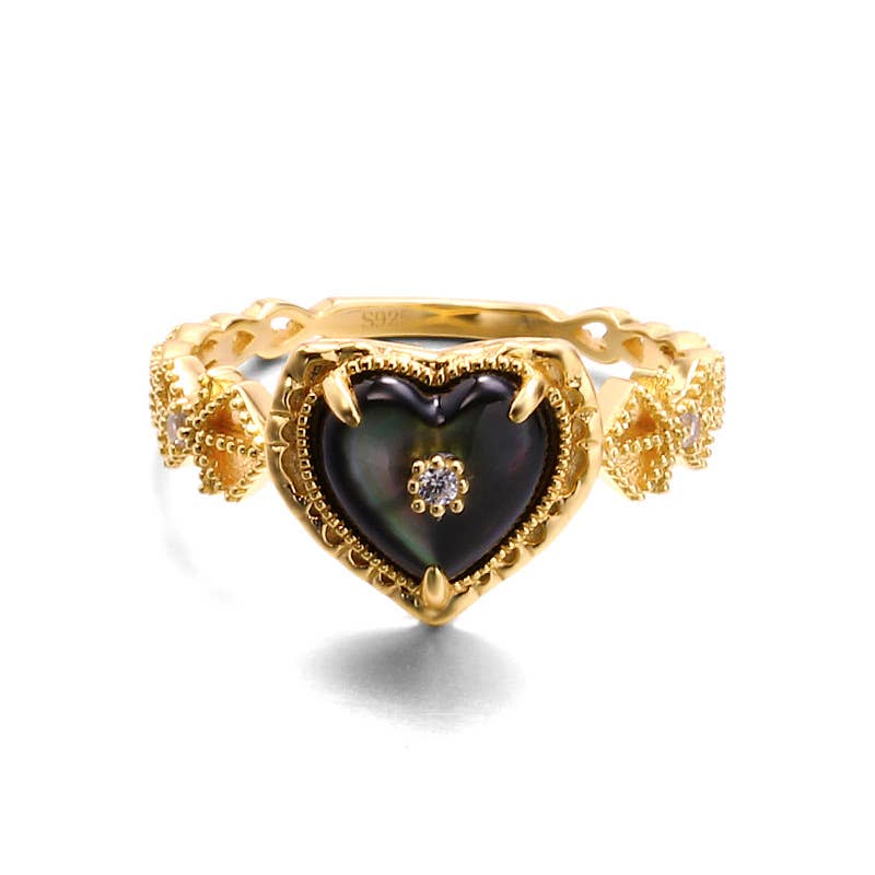 925 Sterling Silver Vintage Black Mother-of-pearl Heart Ring size P