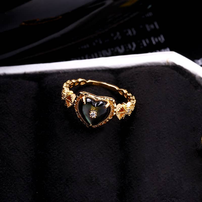 925 Sterling Silver Vintage Black Mother-of-pearl Heart Ring size P