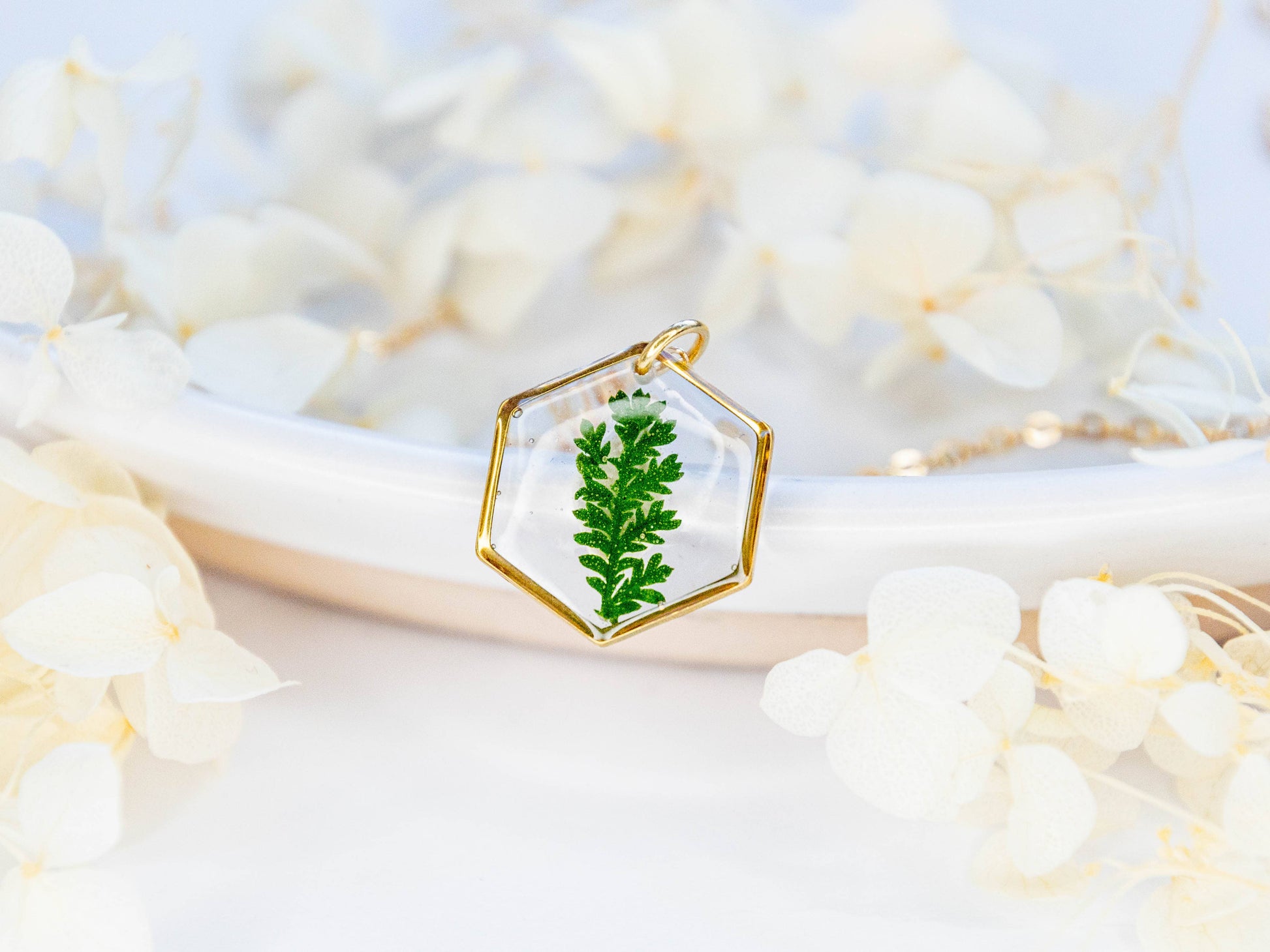 Mia dainty hexagon necklace with real fern in clear resin: Silver Plated
