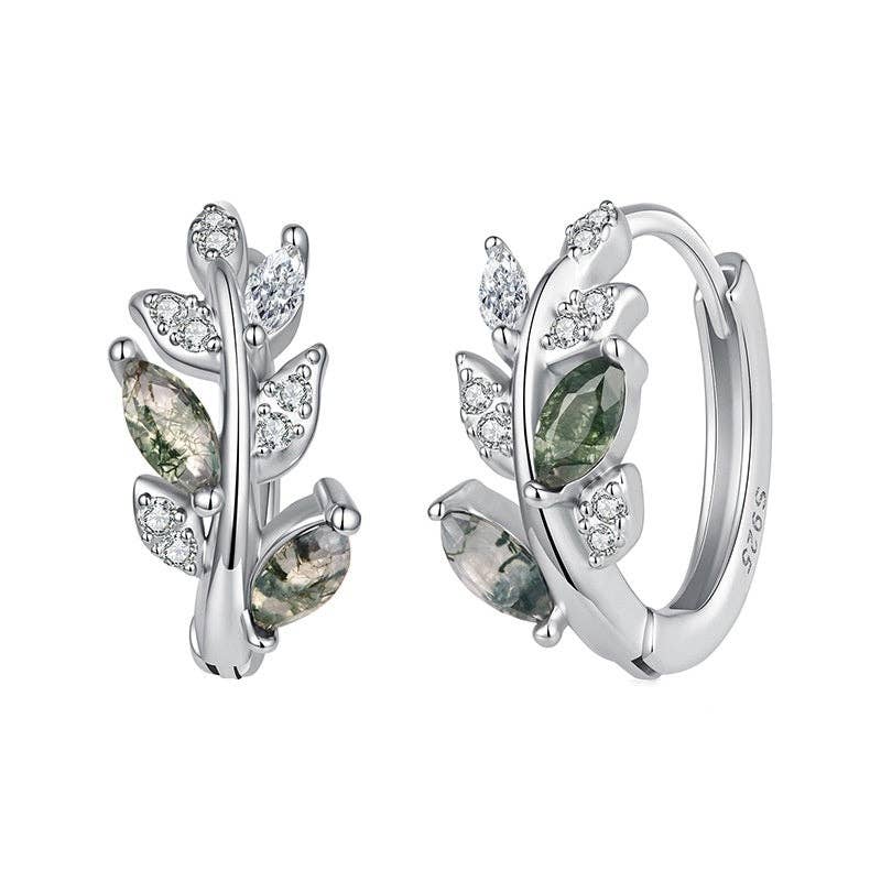 Moss Agate Leaf Branch Hoop Earrings in 925 Sterling Silver