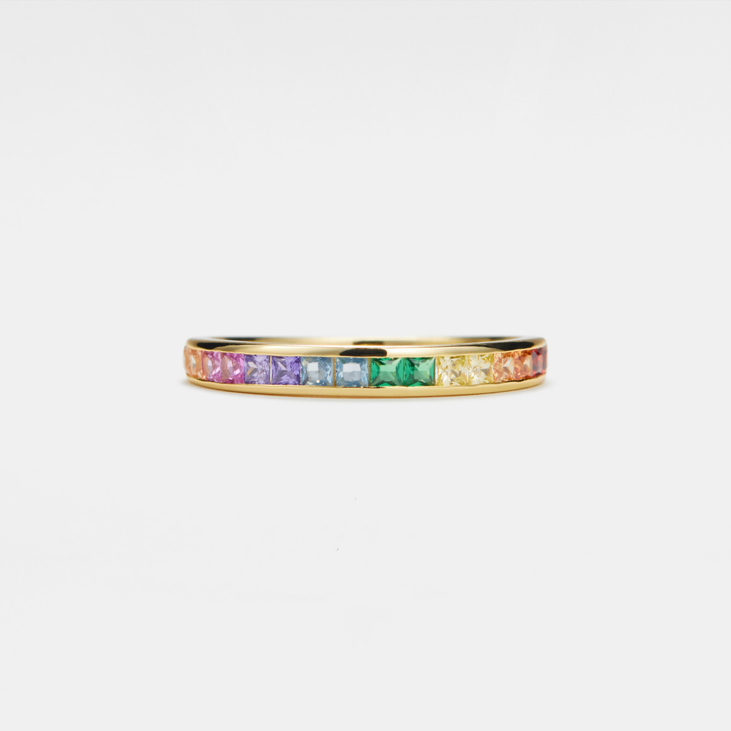 Rainbow Gemstone LGBT Wedding Ring in 925 Sterling Silver: Gold size P 1/2