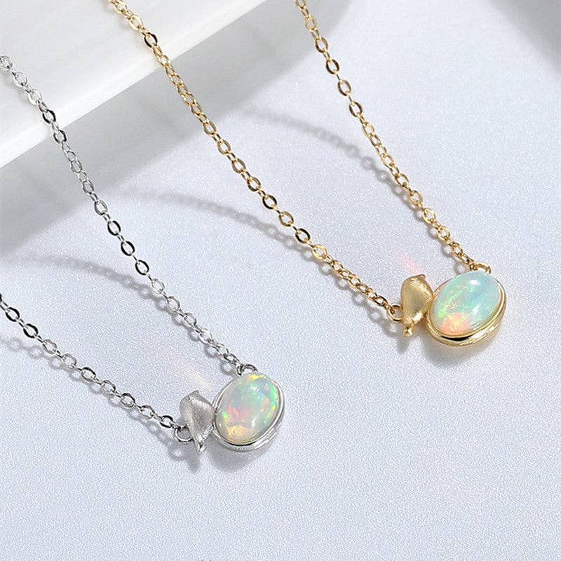 Cute Oval Opal Cabochon Bird Necklace in 925 Sterling Silver: Gold