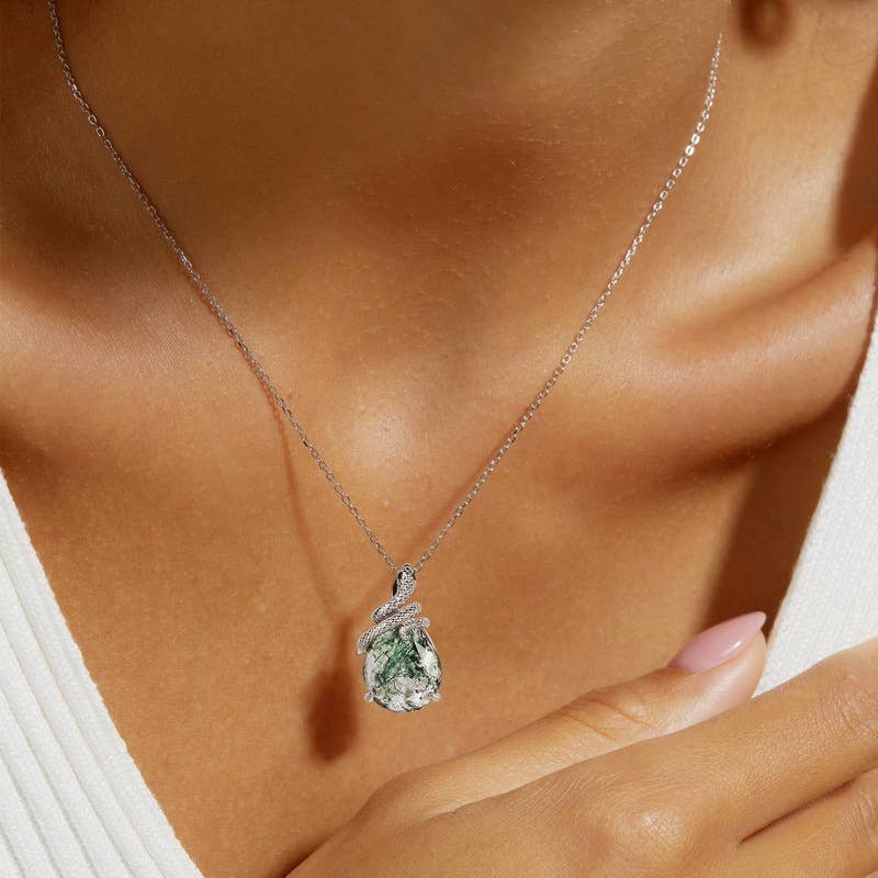 S925 Sterling Silver Snake Coiled Green Moss Stone Necklace: Necklace