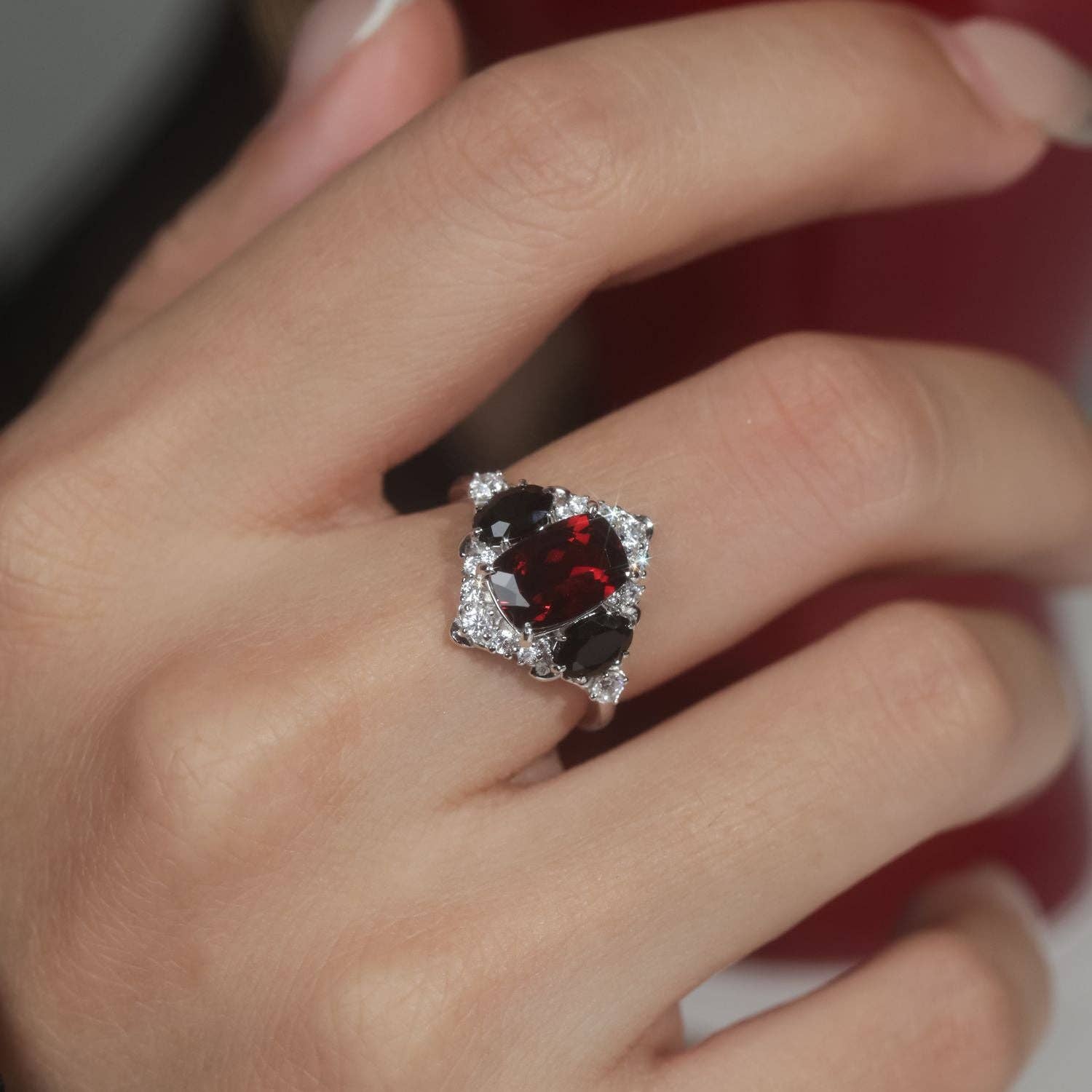 Queen of the Shadows Mozambique Red Garnet Ring: White Gold Vermeil / size N