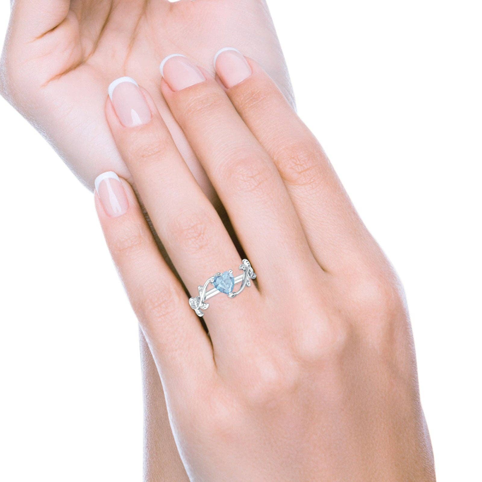Heart Leaf Art Deco Promise Ring Aquamarine CZ: Aquamarine CZ size I1/2