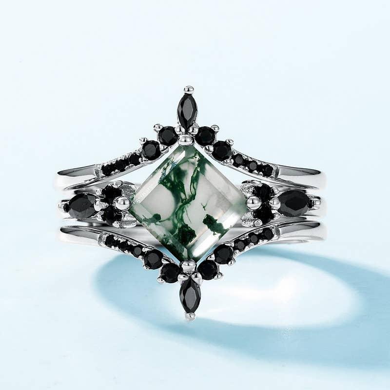 S925 Silver with Green Moss Stone Stacking Ring: size N