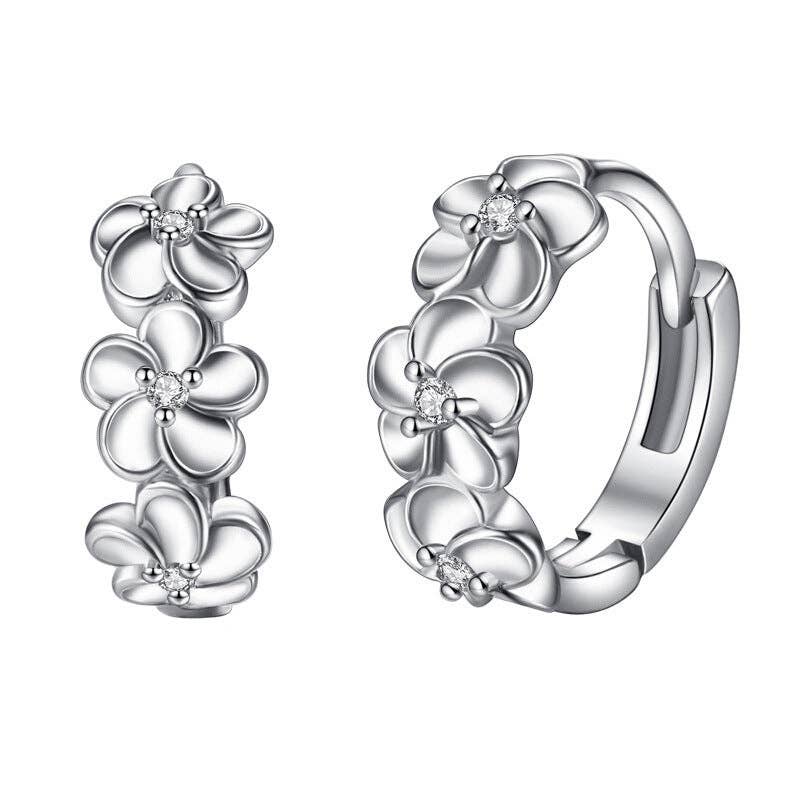 Dainty Camellia Flower Huggie Earring in 925 Sterling Silver: Silver
