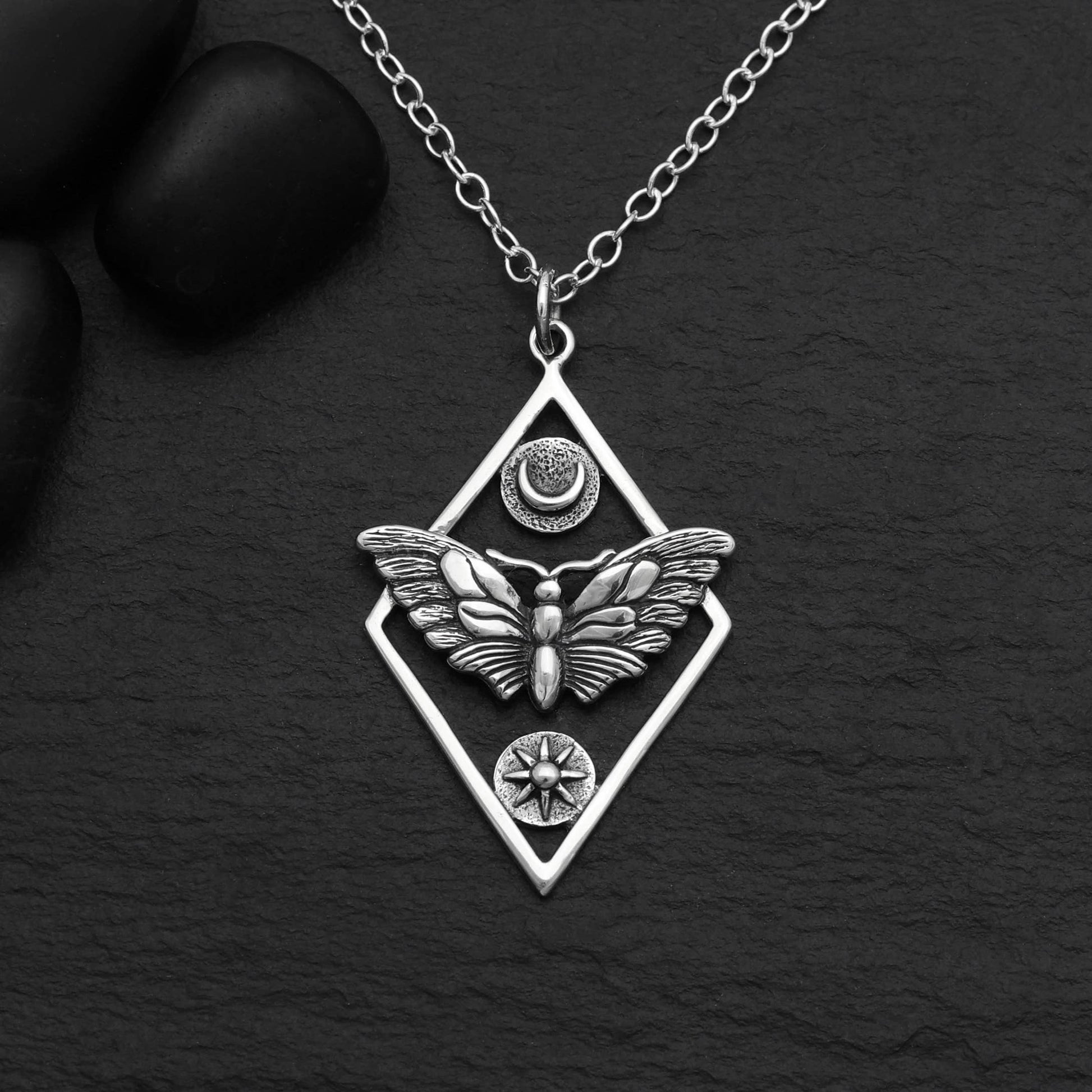 Sterling Silver or Bronze Geometric Moth Necklace: Sterling Silver