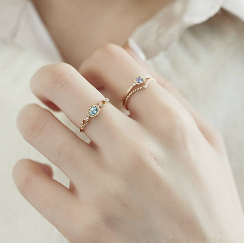 S925 Sterling Silver Apatite and White Zircon Ring: size N