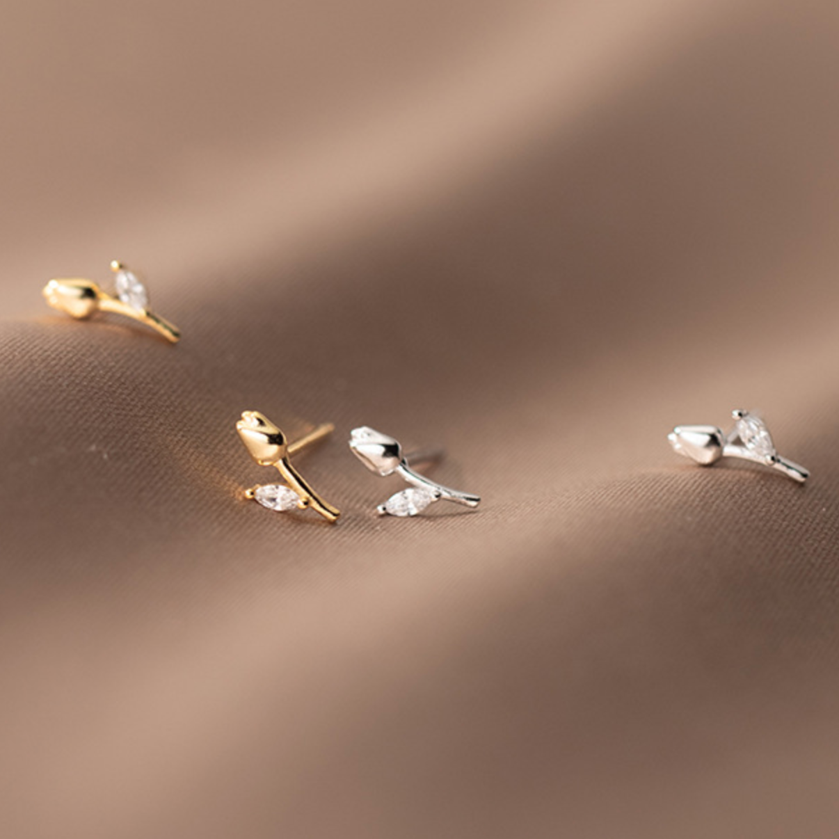 Sterling Silver Crystal Rose Stud Earrings: Silver