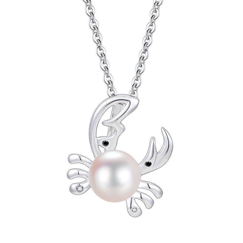 Dainty Pearl Crab Pendant Necklace in 925 Sterling Silver