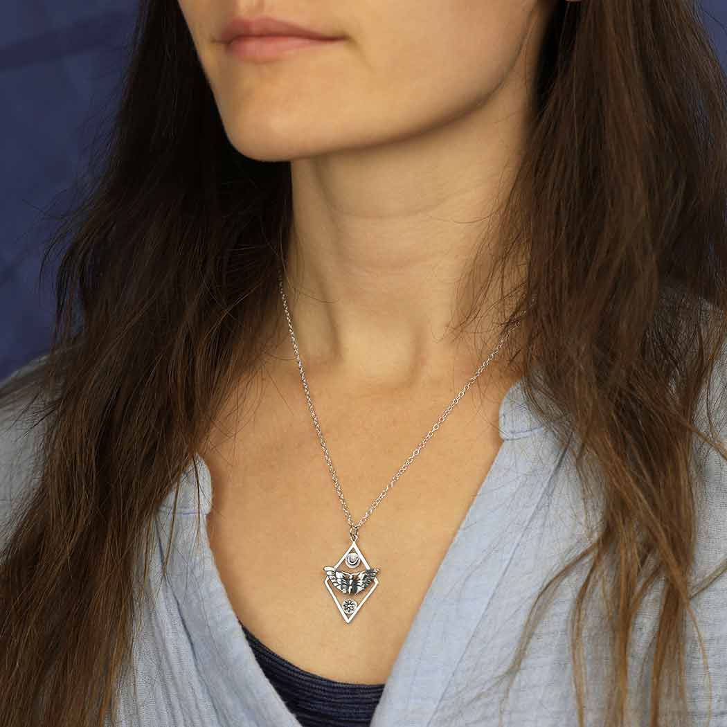 Sterling Silver or Bronze Geometric Moth Necklace: Sterling Silver