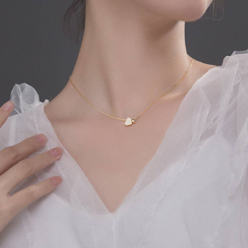 Pave Double Heart Box Chain Necklace in 925 Sterling Silver: Gold