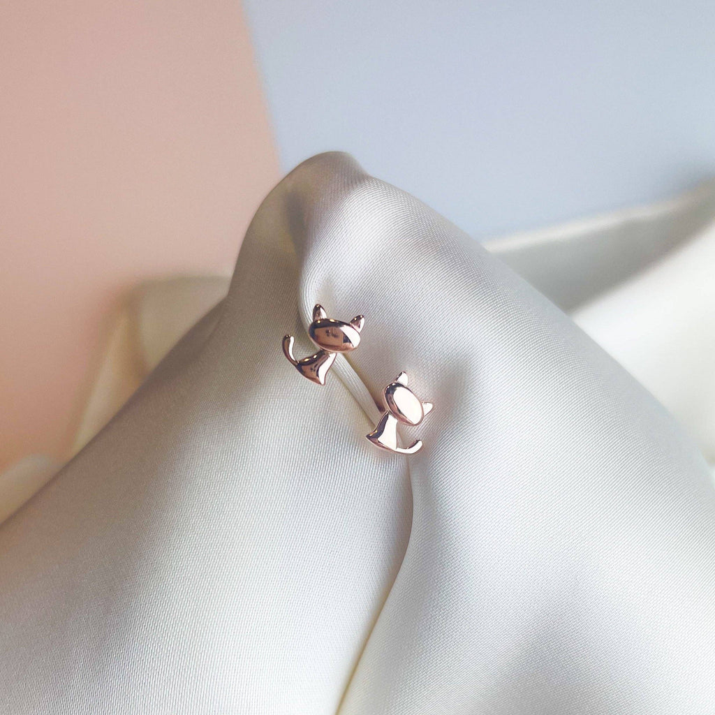 Sterling Silver Tiny Cat Silhouette Stud Earrings: Rose Gold