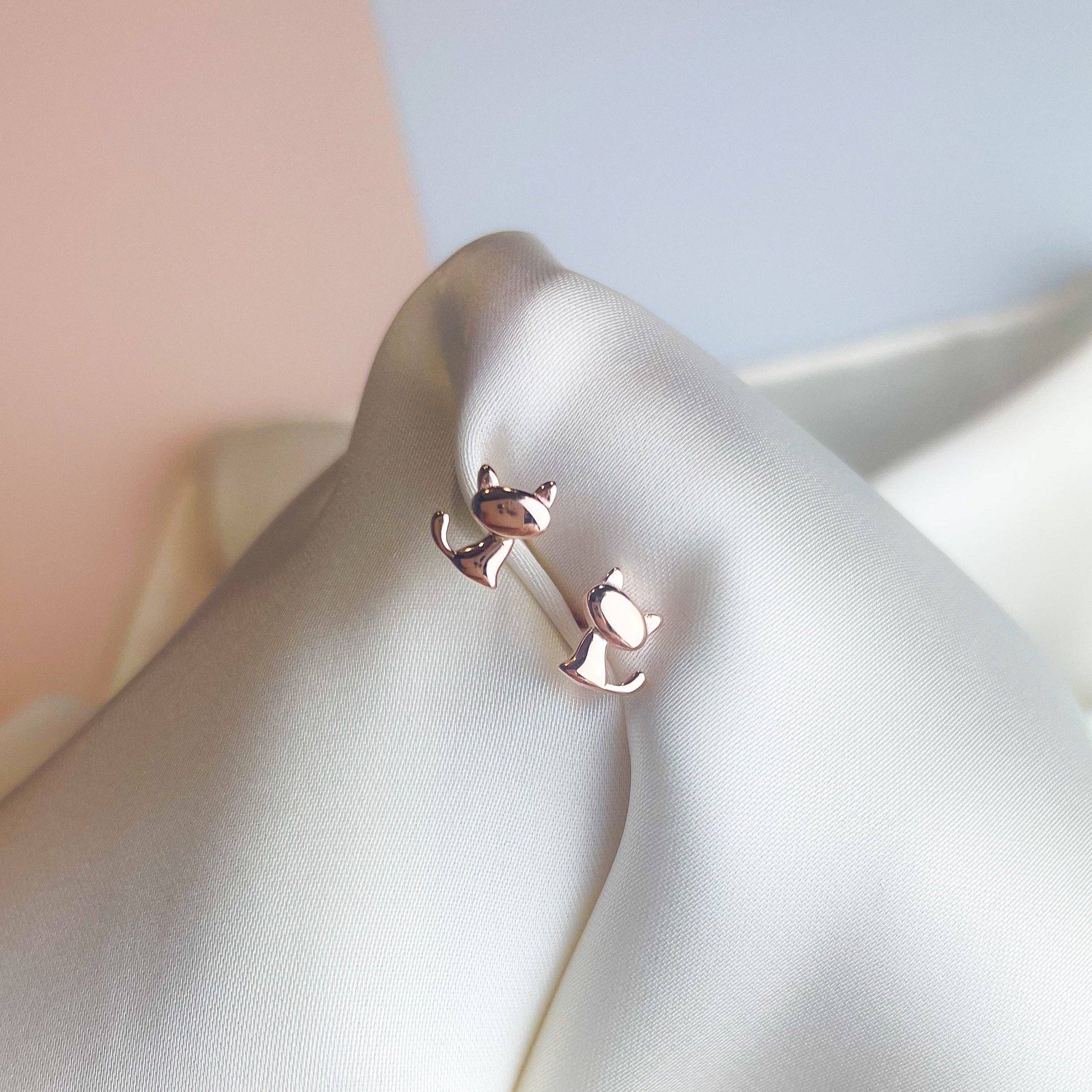 Sterling Silver Tiny Cat Silhouette Stud Earrings: Rose Gold