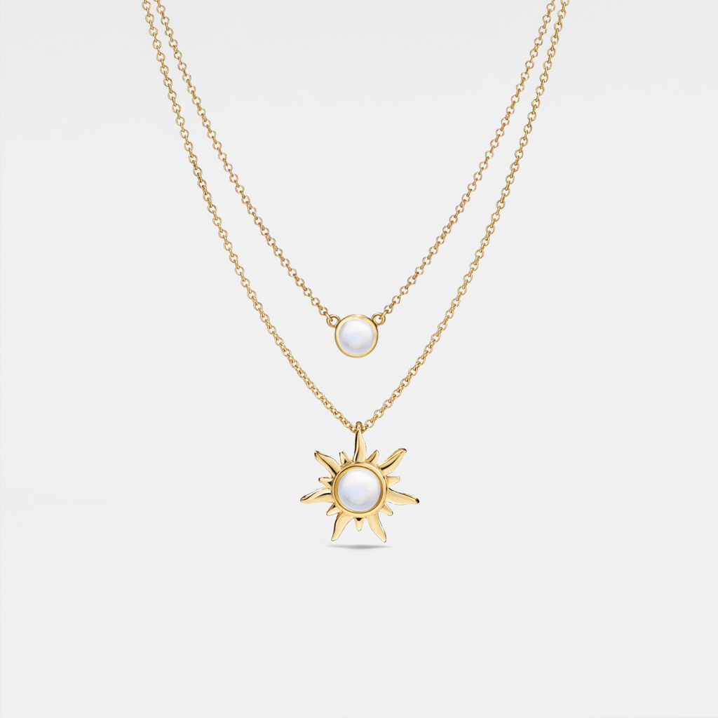 Opal Sun Moon Double Chain Necklace in 925 Sterling Silver: Gold