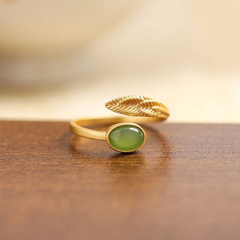 Dainty Gold Jade Agate Feather Bypass Ring in Solid Copper: Green