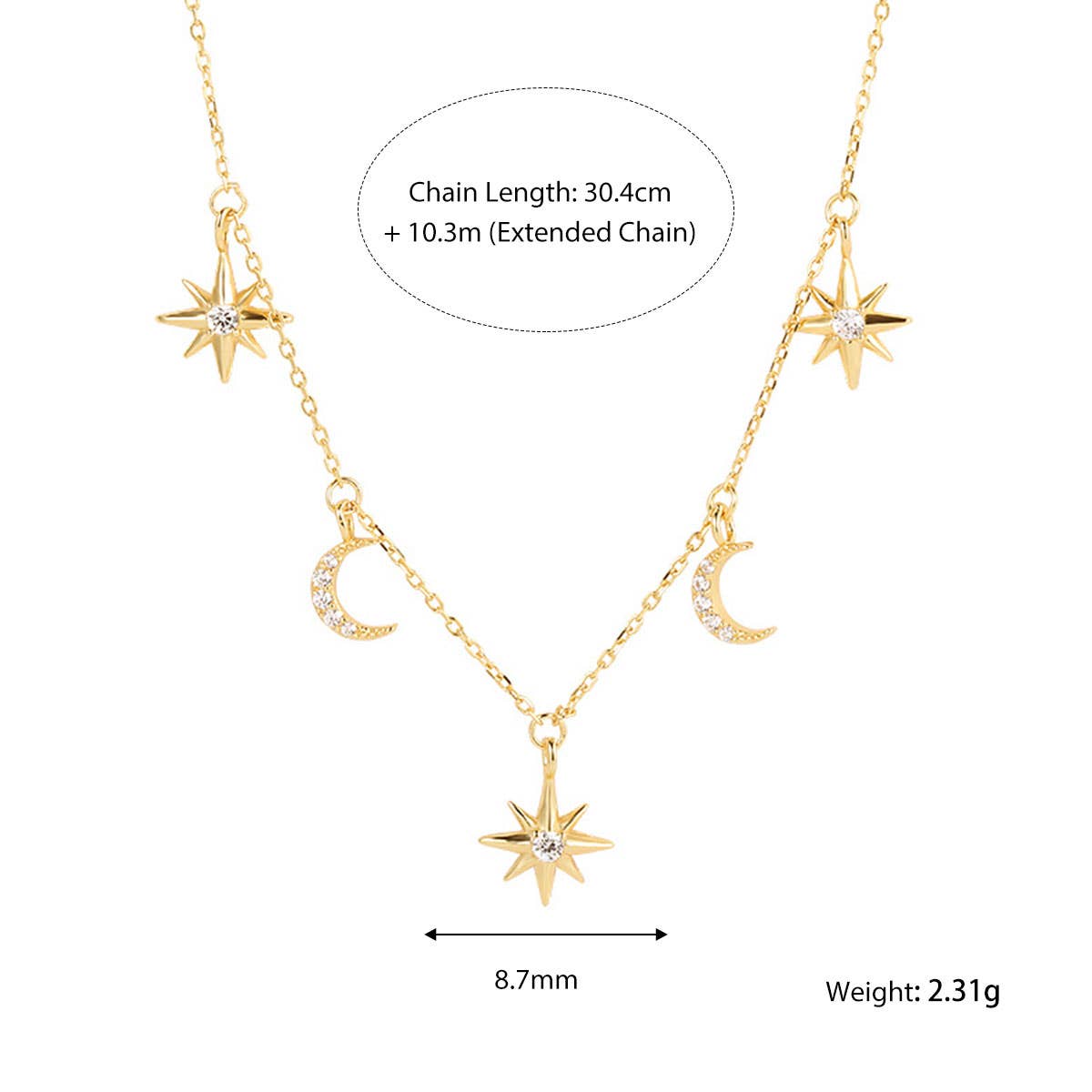 S925 Sterling Silver Gold Star and Moon Necklace: Yellow Gold