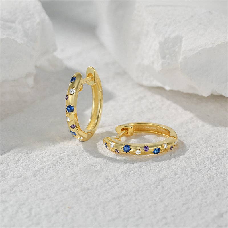 Blue Star Moon Huggie Hoop Earrings in 925 Sterling Silver: Gold