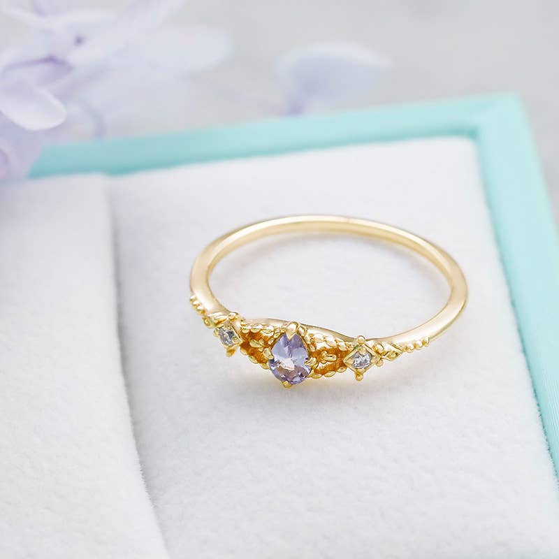 925 Sterling Silver 14K Gold Plated Tanzanite Ring Necklace: Necklace