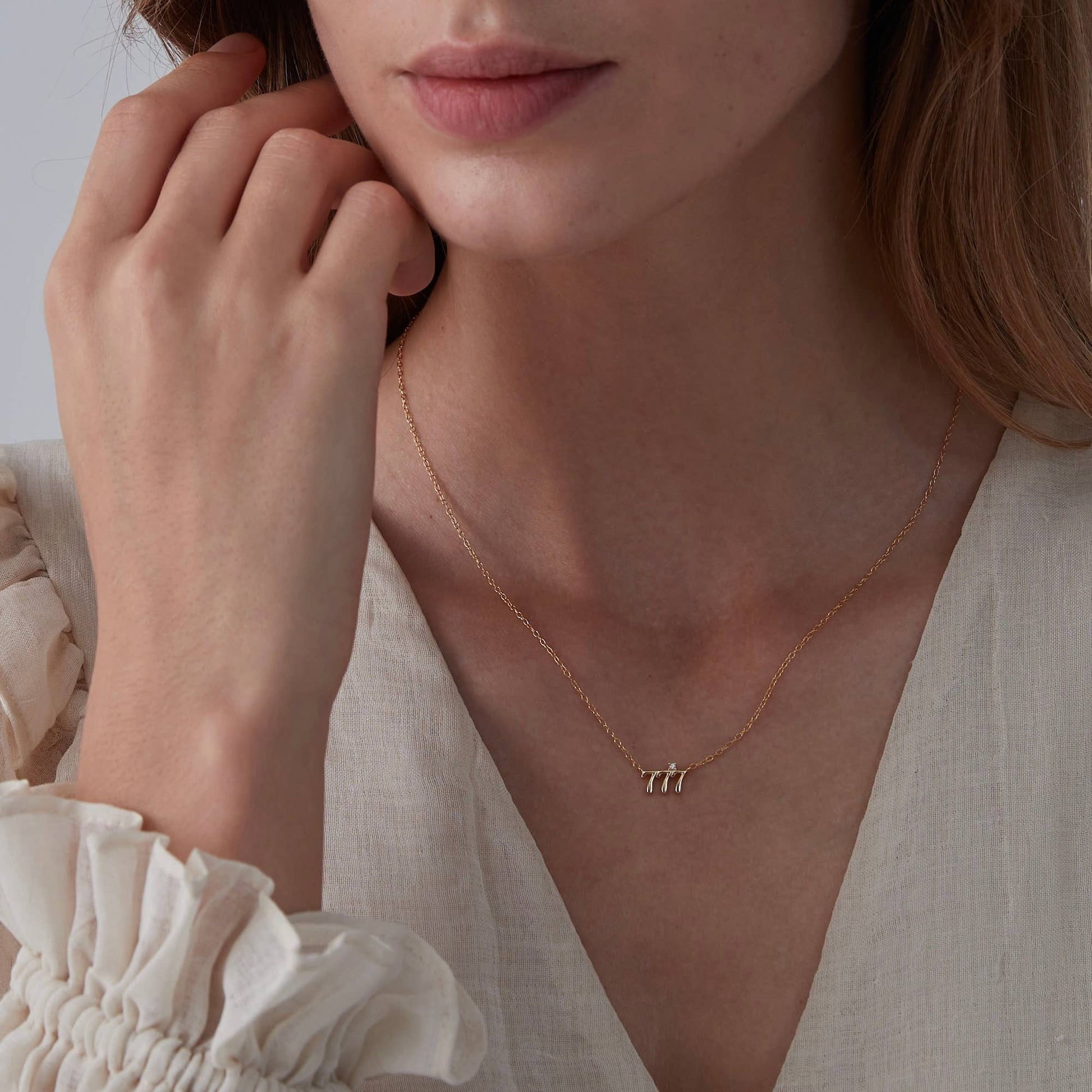 Dainty Angel Number Charm Necklace in 925 Sterling Silver: Silver / 777