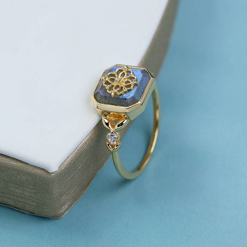925 Sterling Silver K Gold-plated Gray-blue Labradorite Ring: Ring size N