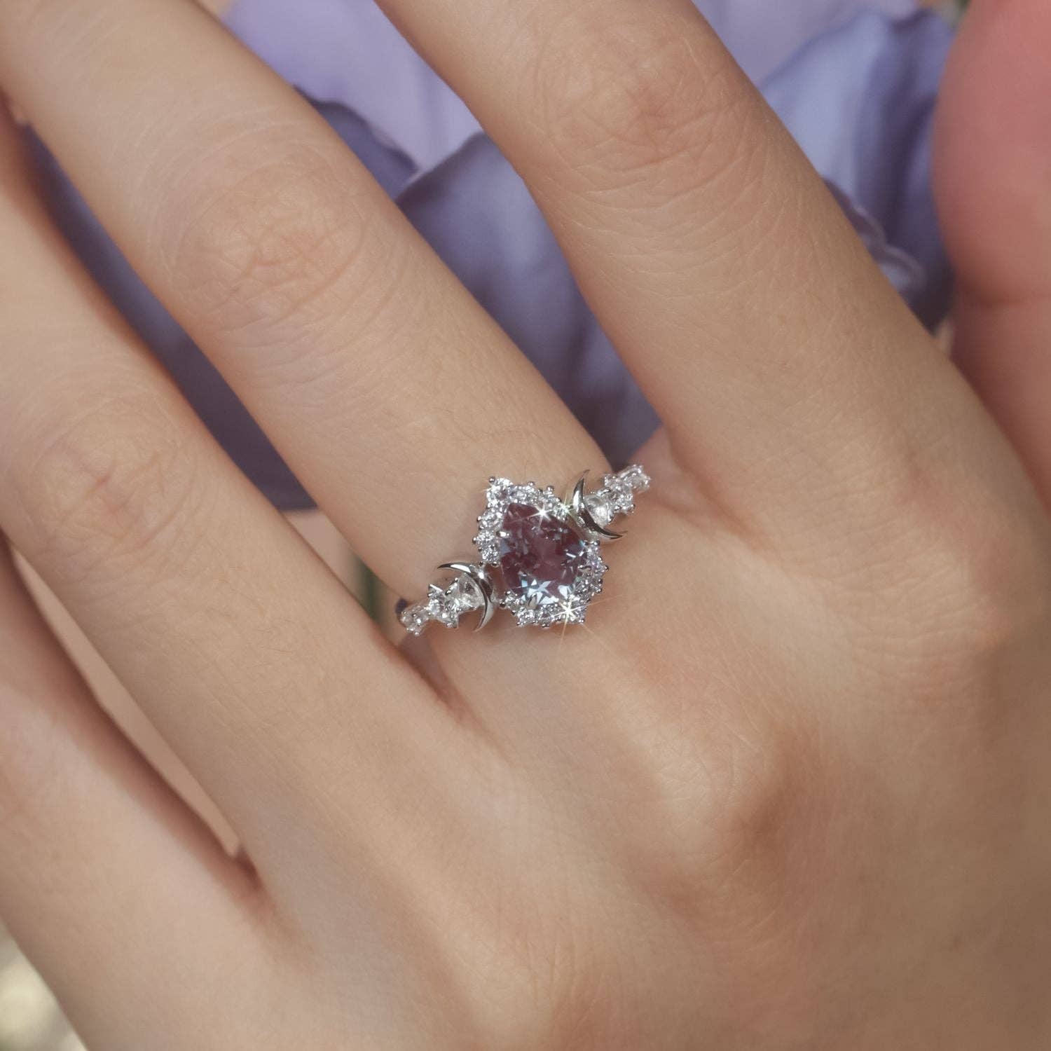 Galactic Pear Cut Alexandrite Ring: White Gold Vermeil / size P