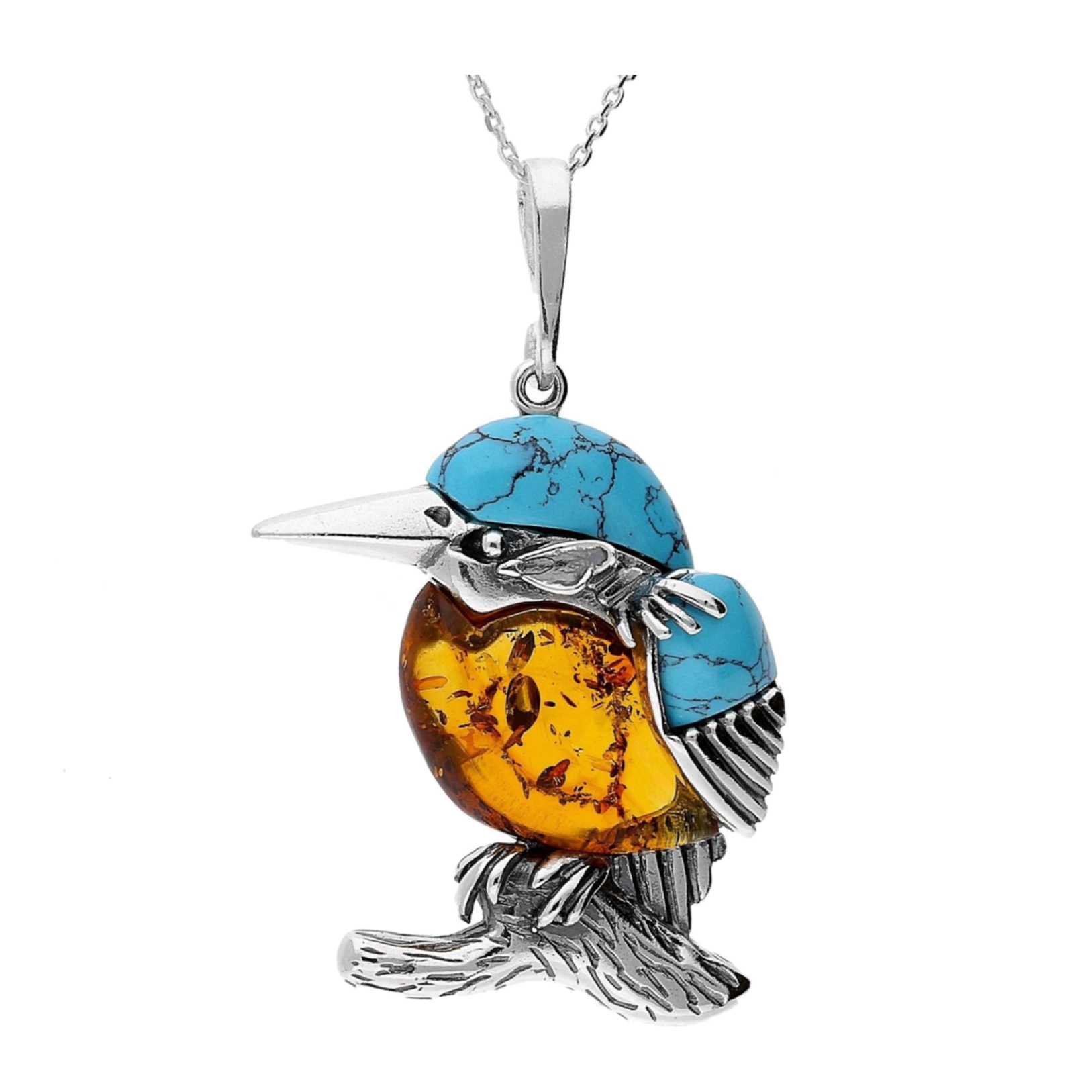 Beautiful Amber & Turquoise Kingfisher Pendant: Necklace