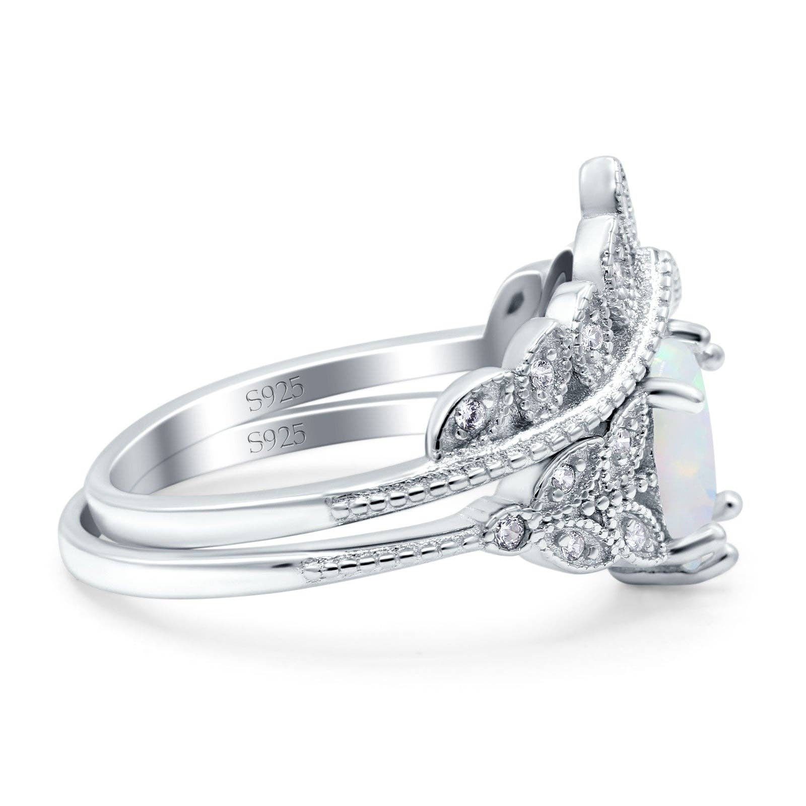 Two Piece Vintage Style Band Oval Lab Created White Opal Wedding Bridal Set Ring: Lab Created White Opal size T