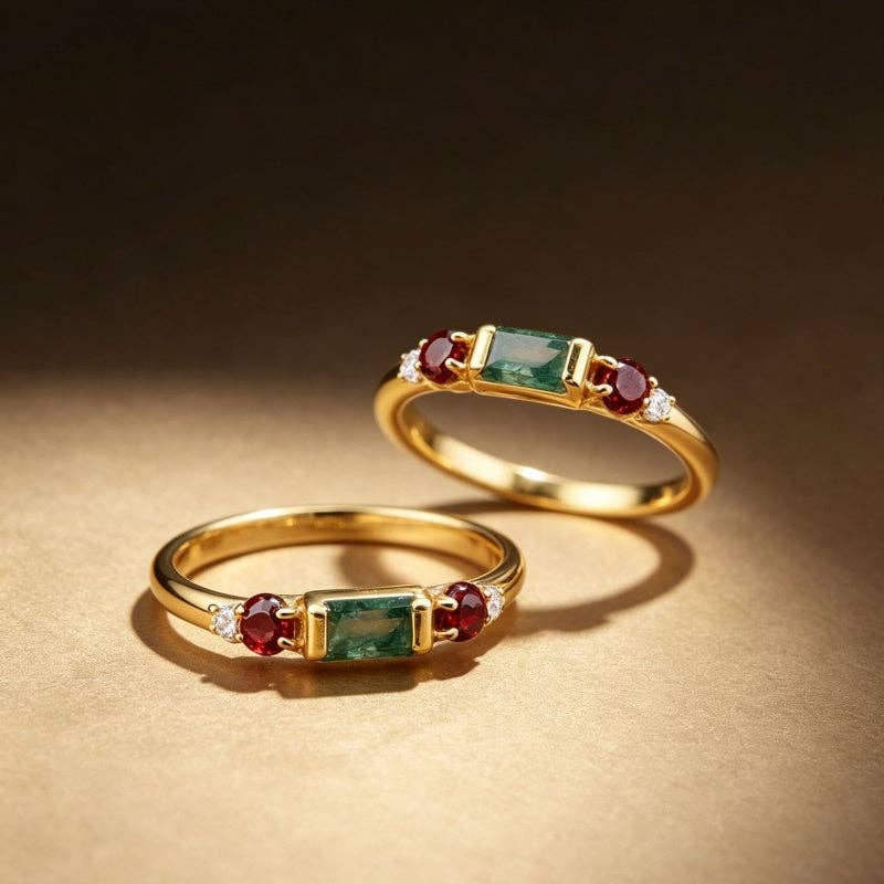 Moss Agate Red Multi-Stone Band Ring in 925 Sterling Silver: size N