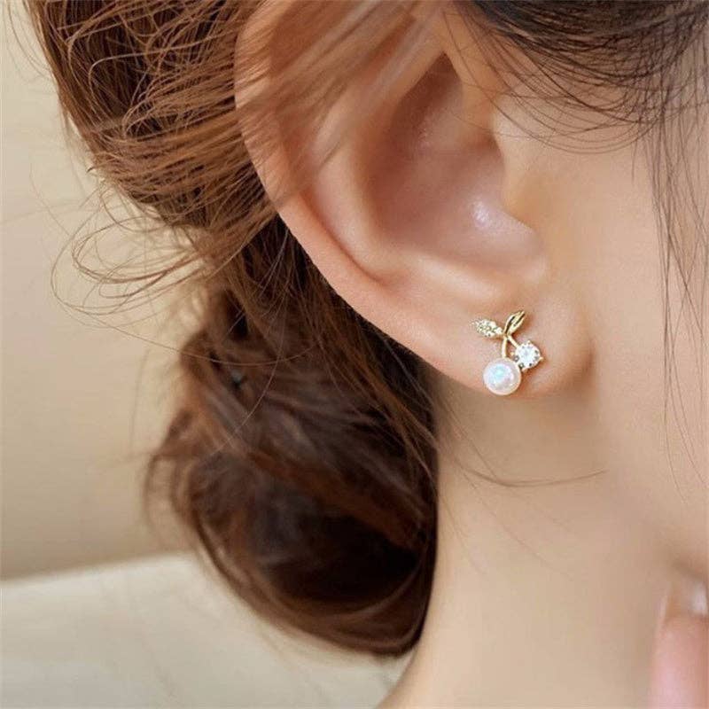 Dainty Pearl Cherry Stud Earrings in 925 Sterling Silver: Gold