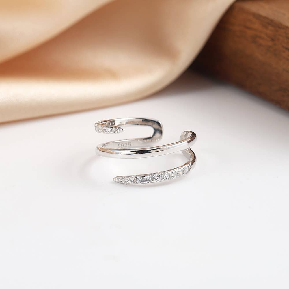 S925 Sterling Silver Zircon Plated 14k Gold Ring: Silver Adjustable size: L and above