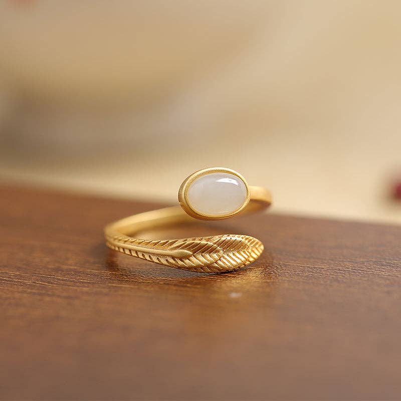 Dainty Gold Jade Agate Feather Bypass Ring in Solid Copper: Green