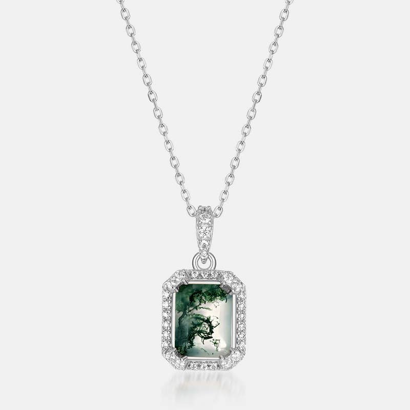 S925 Sterling Silver Natural Square Green Moss Pendant: Silver