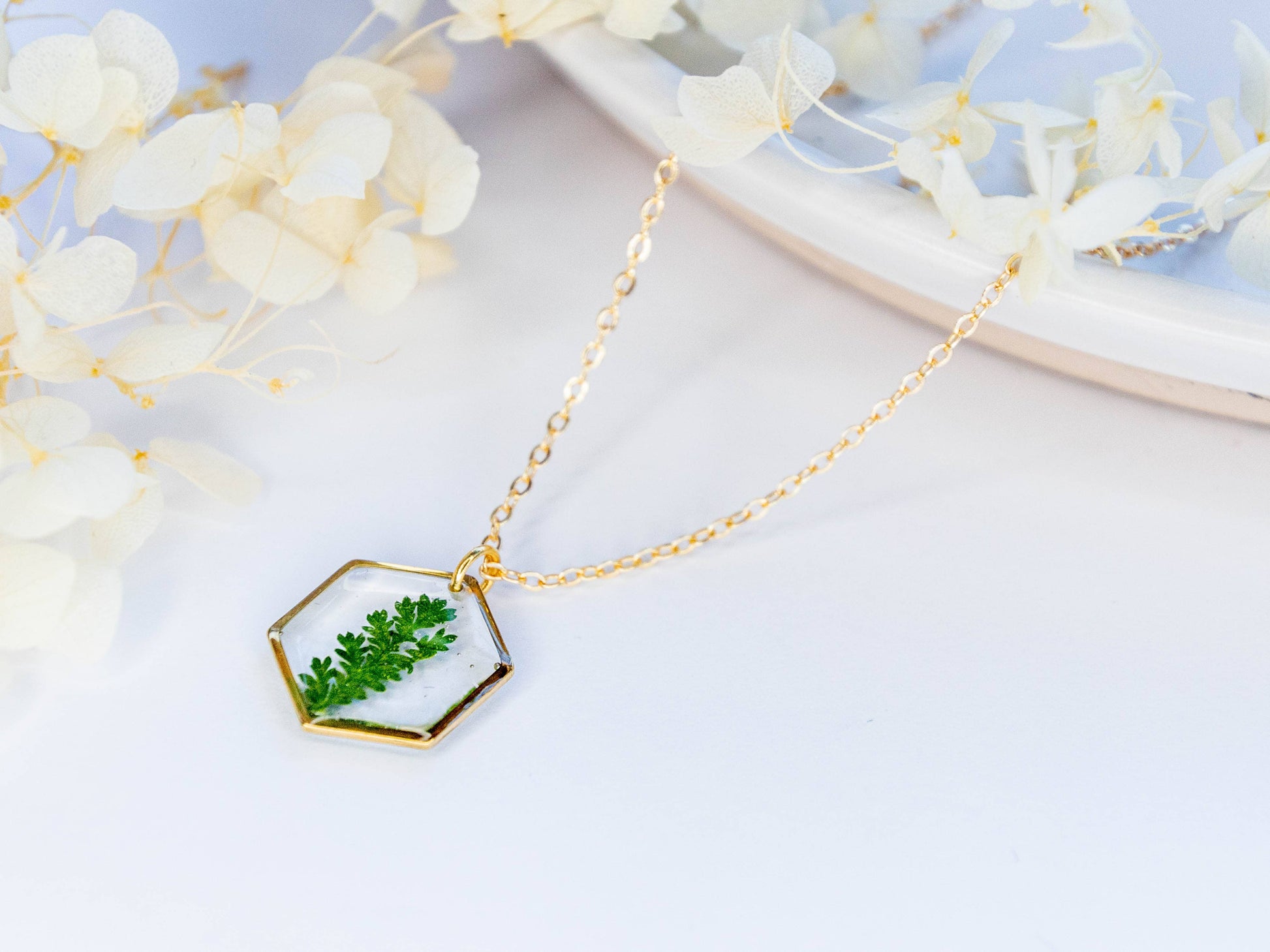 Mia dainty hexagon necklace with real fern in clear resin: Silver Plated