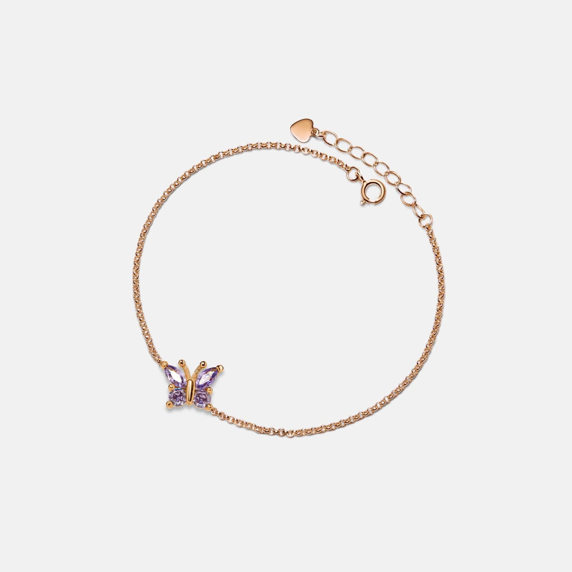Amethyst Butterfly Charm Bracelet in 925 Sterling Silver: Rose gold