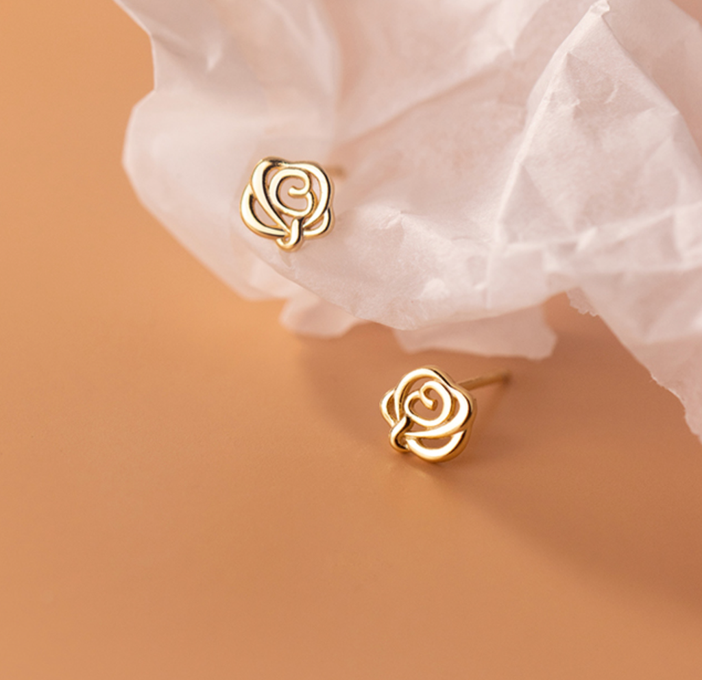 Sterling Silver Rose Stud Earrings: Gold