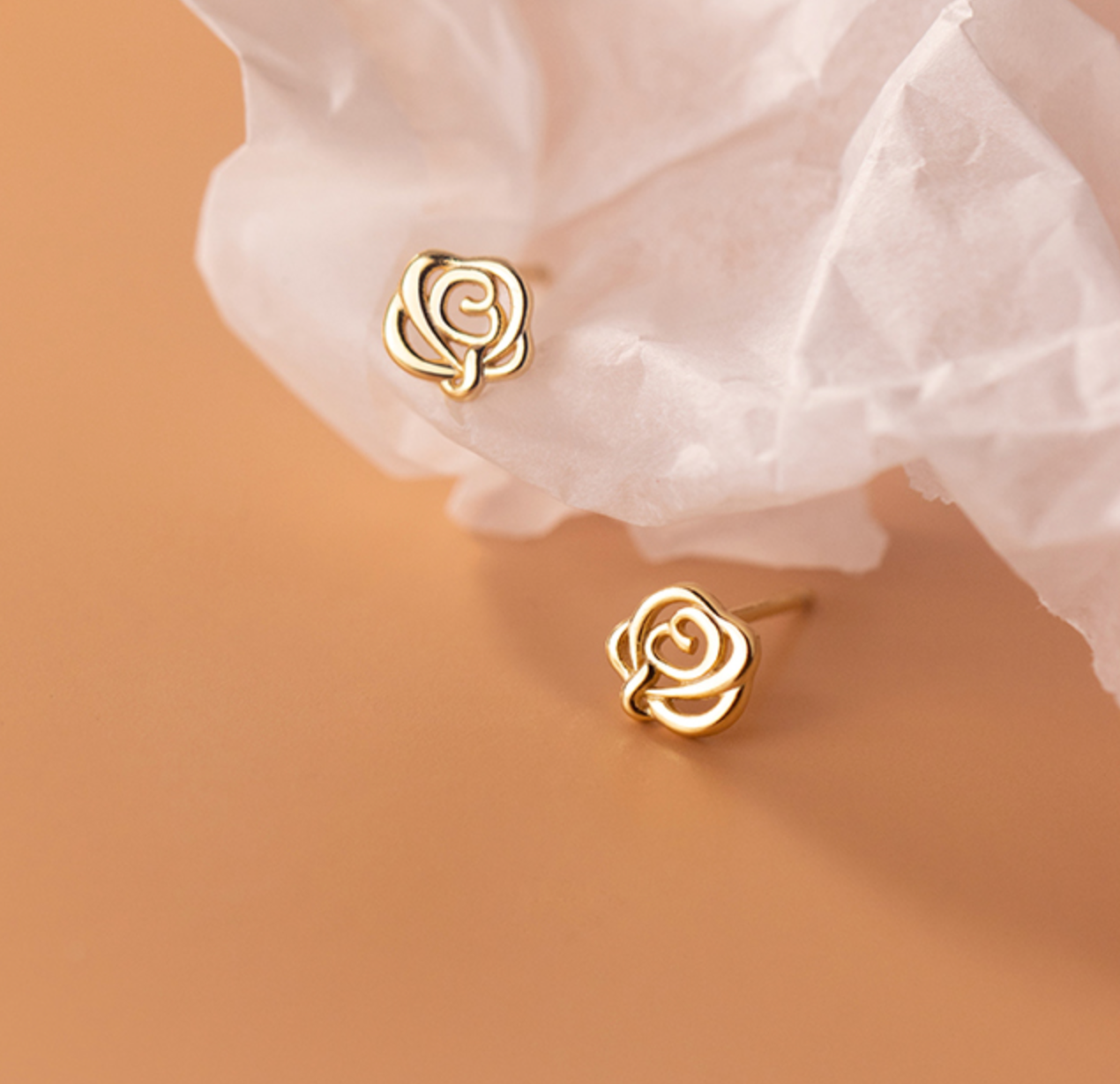 Sterling Silver Rose Stud Earrings: Gold