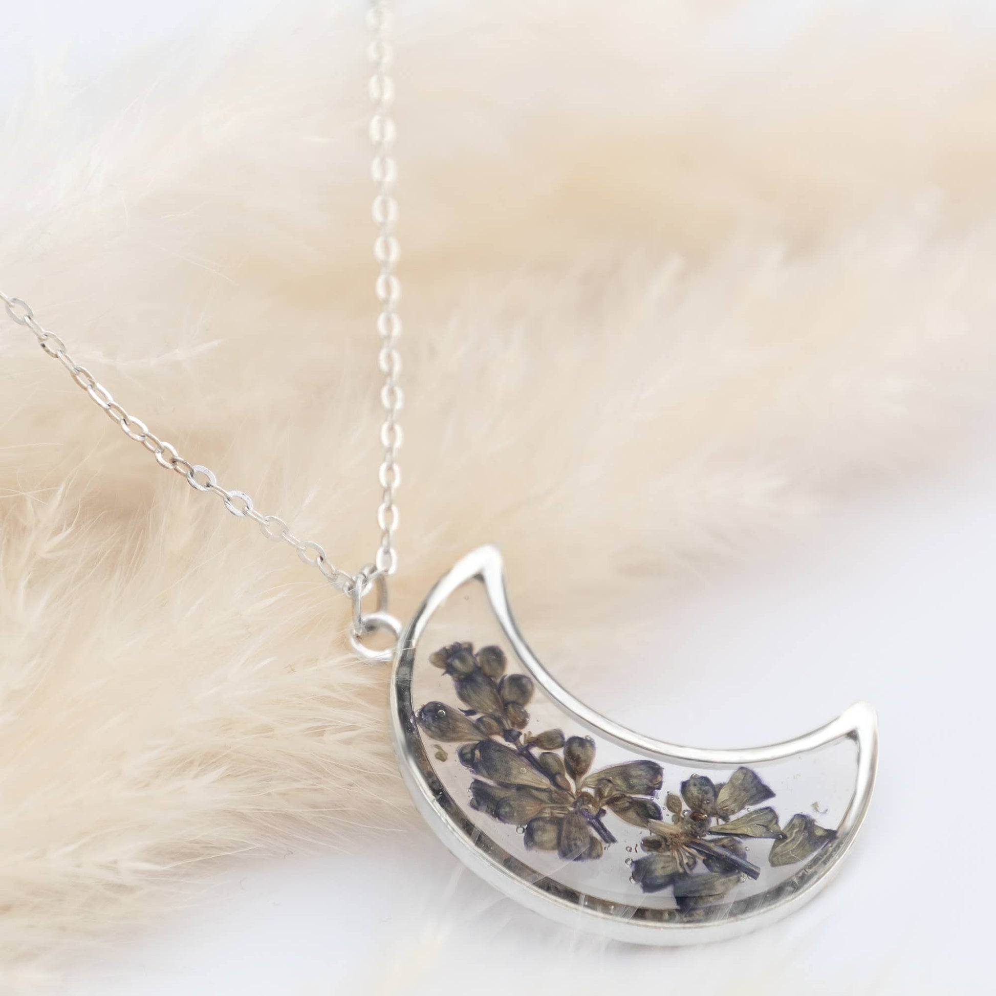 Silver crescent moon necklace with real pressed lavender