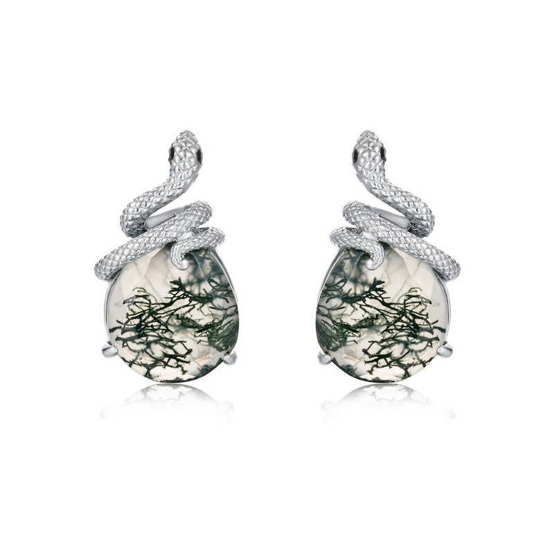 S925 Sterling Silver Snake Coiled Green Moss Stone Necklace: Necklace