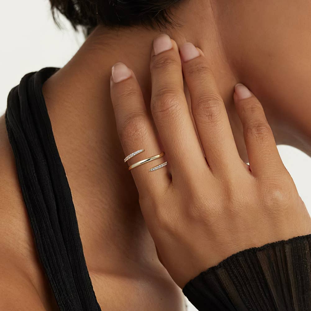 S925 Sterling Silver Zircon Plated 14k Gold Ring: Silver Adjustable size: L and above