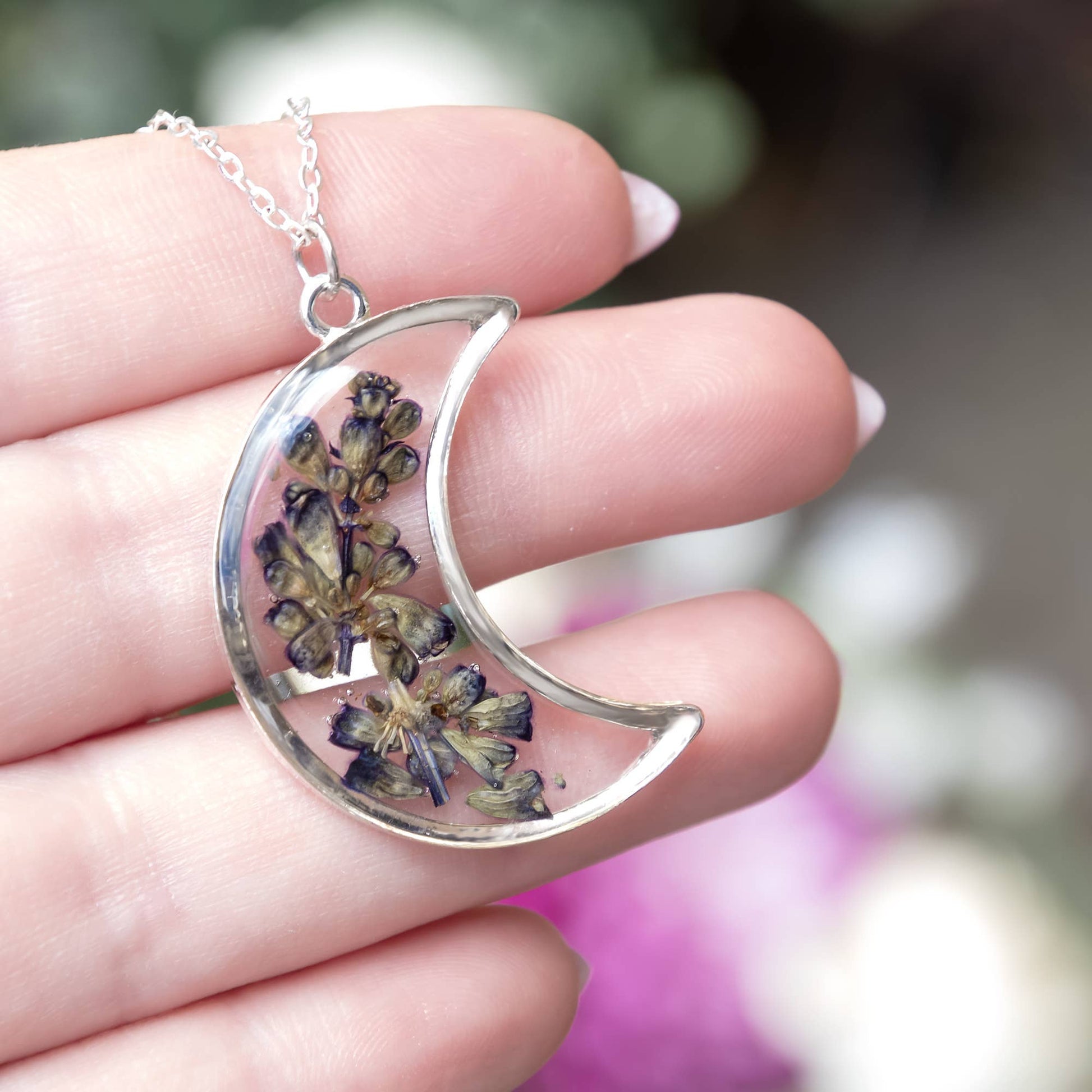 Silver crescent moon necklace with real pressed lavender