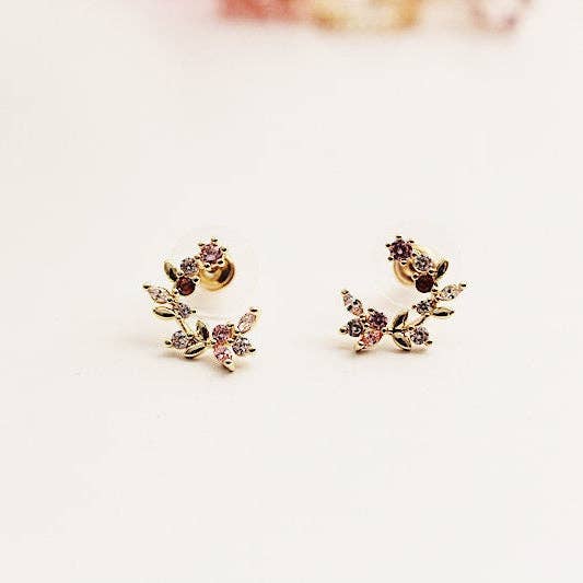 Leaf Wreath Earrings - Pink Crystal Flower Leaves Studs: Brown Crystal