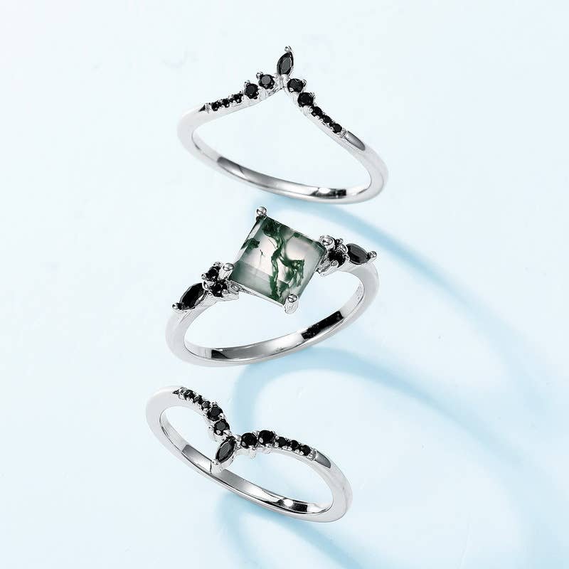 S925 Silver with Green Moss Stone Stacking Ring: size N