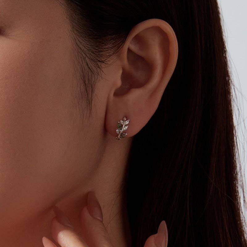 Moss Agate Leaf Branch Hoop Earrings in 925 Sterling Silver